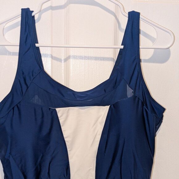 Women's Navy & White Color Block Tummy Control Swim Dress Swimsuit One Piece - Picture 3 of 9